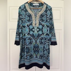 {Peter Nygard} Paisley Tunic Top Stretch with Beaded Detail in Blue - Women’s 2X